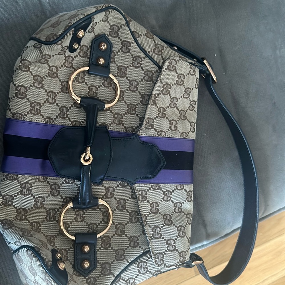 Gucci Monogram Horsebit Web Flap Bag Brown Purple
Authentic